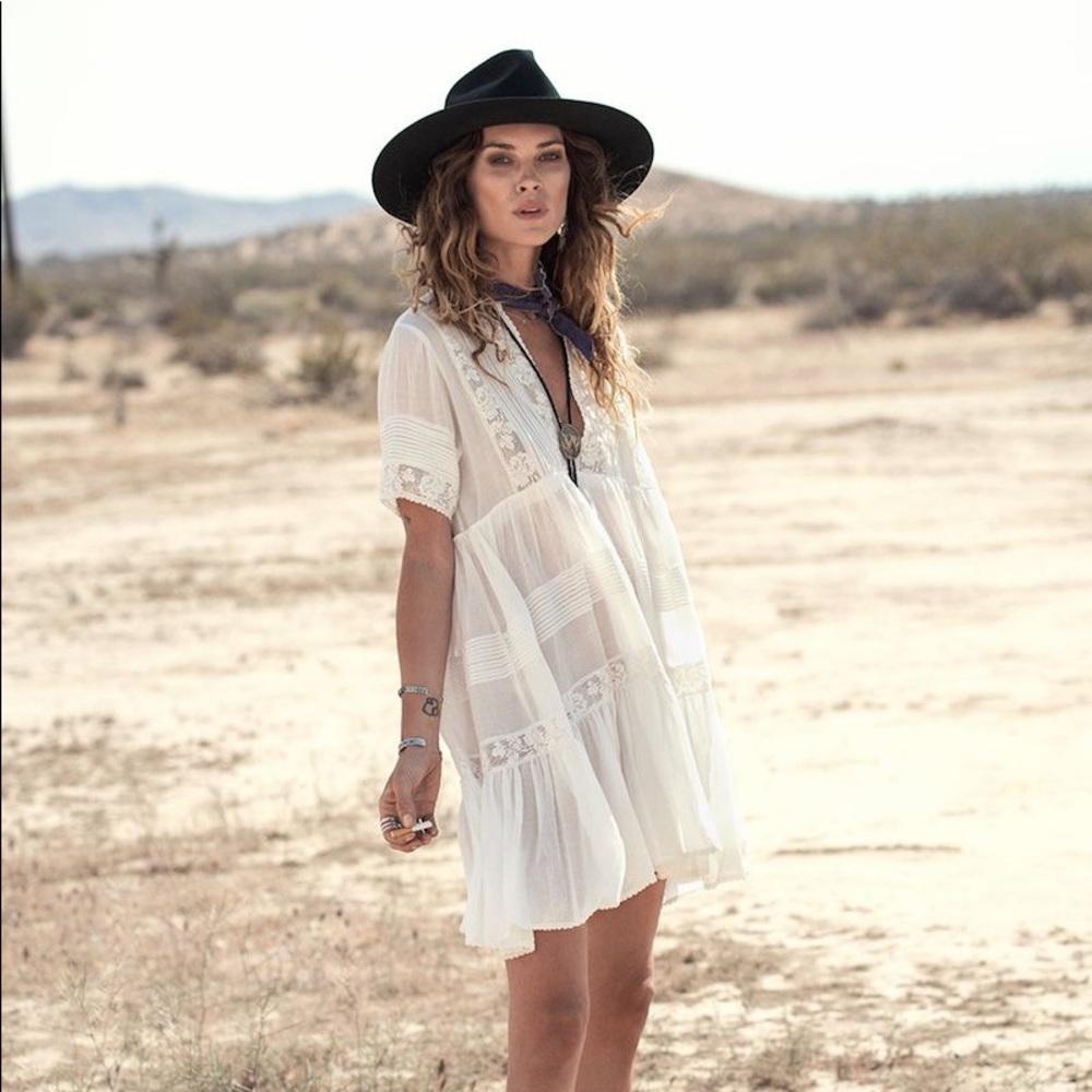 Spell Peasant Girl White Lace Mini Dress